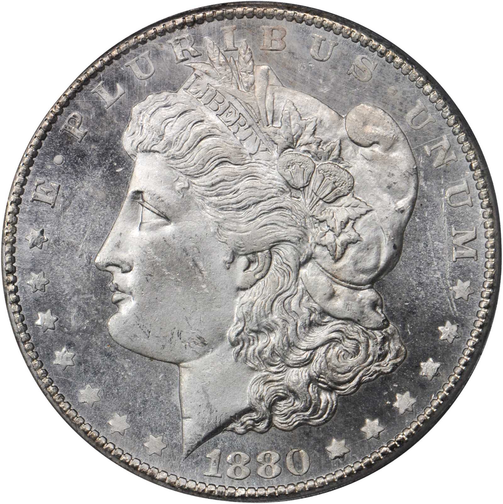 1880-CC Morgan Silver Dollar. 8/High 7. MS-63 PL (PCGS).
