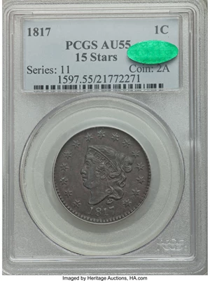 image for: 1817 1C 15 Stars, N-16, R.1, AU55 PCGS. CAC....