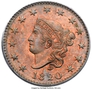 image for: 1820 1C Large Date, N-13, R.1, MS66 Red and Brown PCGS. CAC....