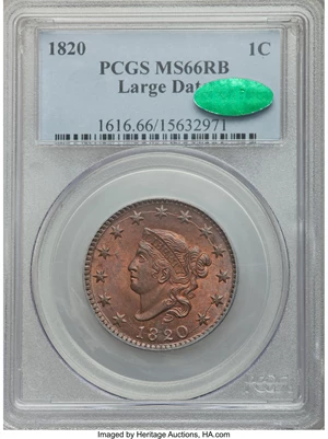 image for: 1820 1C Large Date, N-13, R.1, MS66 Red and Brown PCGS. CAC....