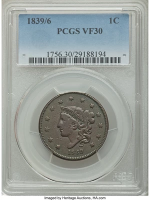 image for: 1839/6 1C Plain Cords, N-1, High R.3, VF30 PCGS....