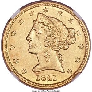 image for: 1841-D $5 Medium D MS60 NGC. Variety 5-B....