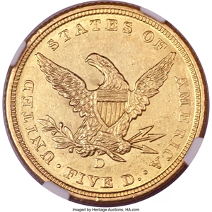 image for: 1841-D $5 Medium D MS60 NGC. Variety 5-B....