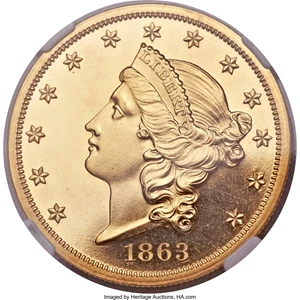 image for: 1863 $20 PR66 Cameo NGC....