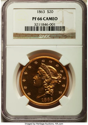 image for: 1863 $20 PR66 Cameo NGC....
