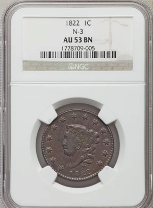 image for: 1822 1C N-3, R.2, AU53 NGC. NGC Census: (1/4). PCGS Population (0/2). Mintage: 2,072,339. ...