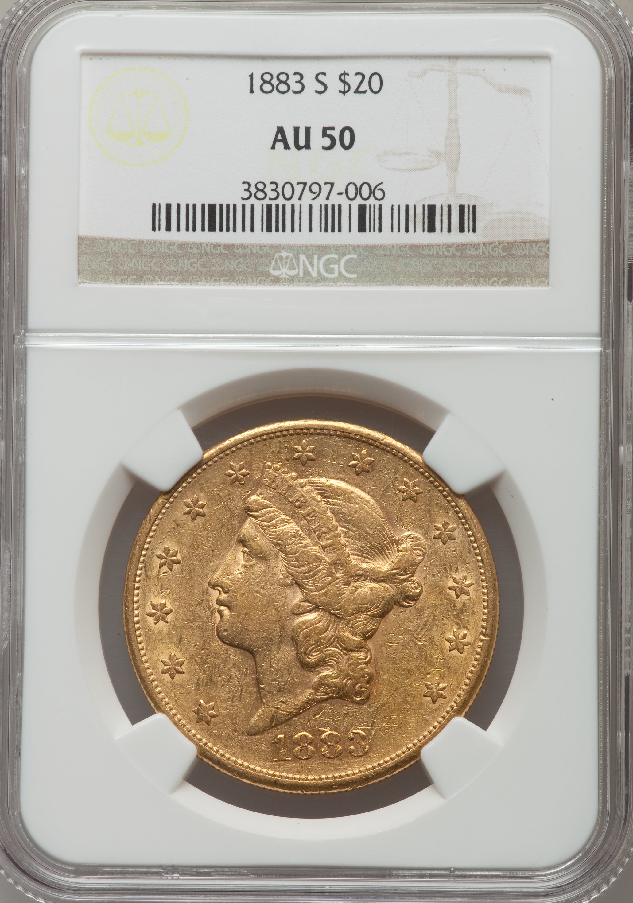 1883-S $20 AU50 NGC. NGC Census: (13/1942). PCGS Population (48/2011). Mintage: 1,189,000. Numismedia Wsl. Price for proble...