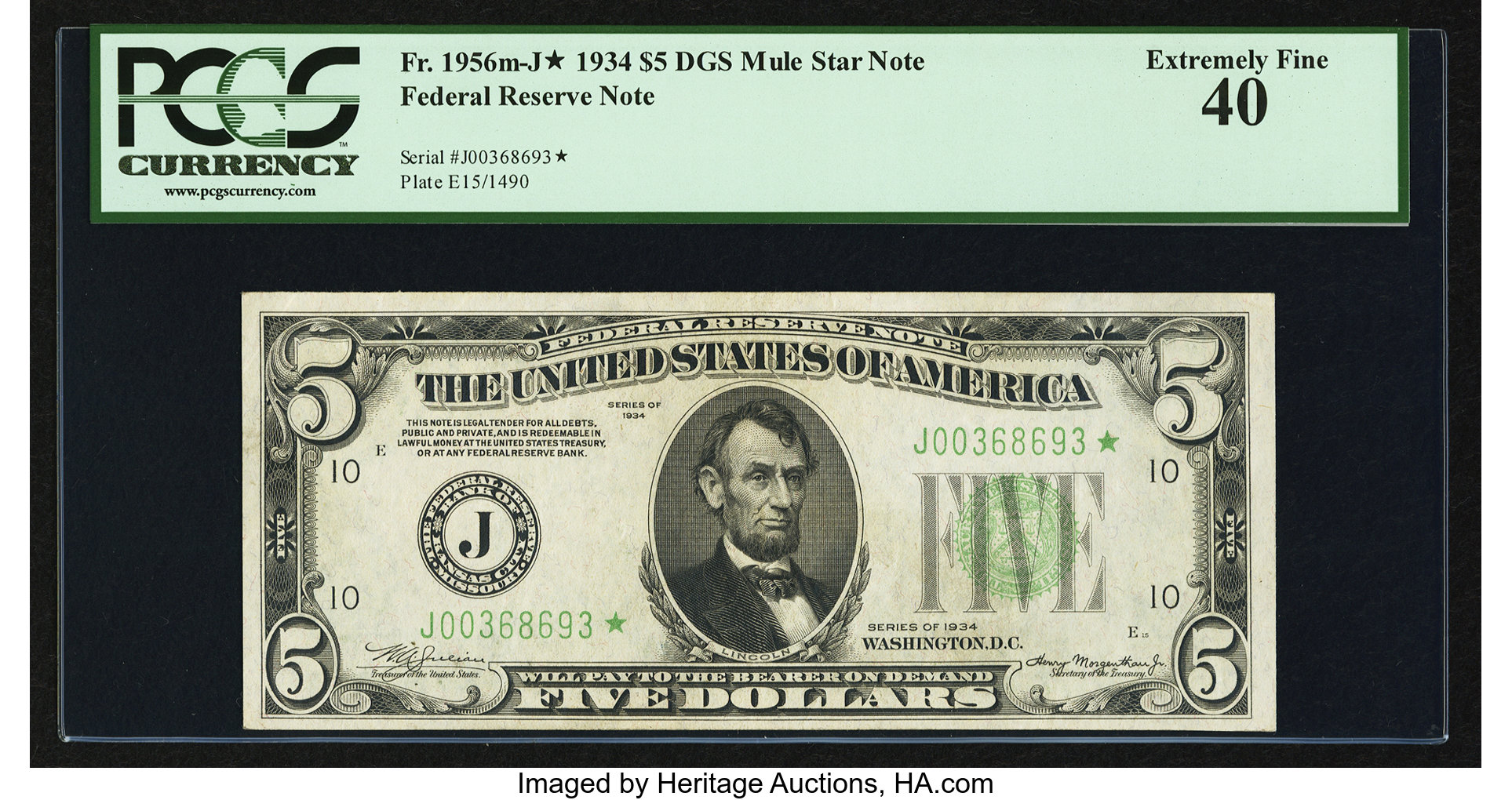 image for: Fr. 1956-J* $5 1934 Mule DGS Federal Reserve Star Note. PCGS Extremely Fine 40....