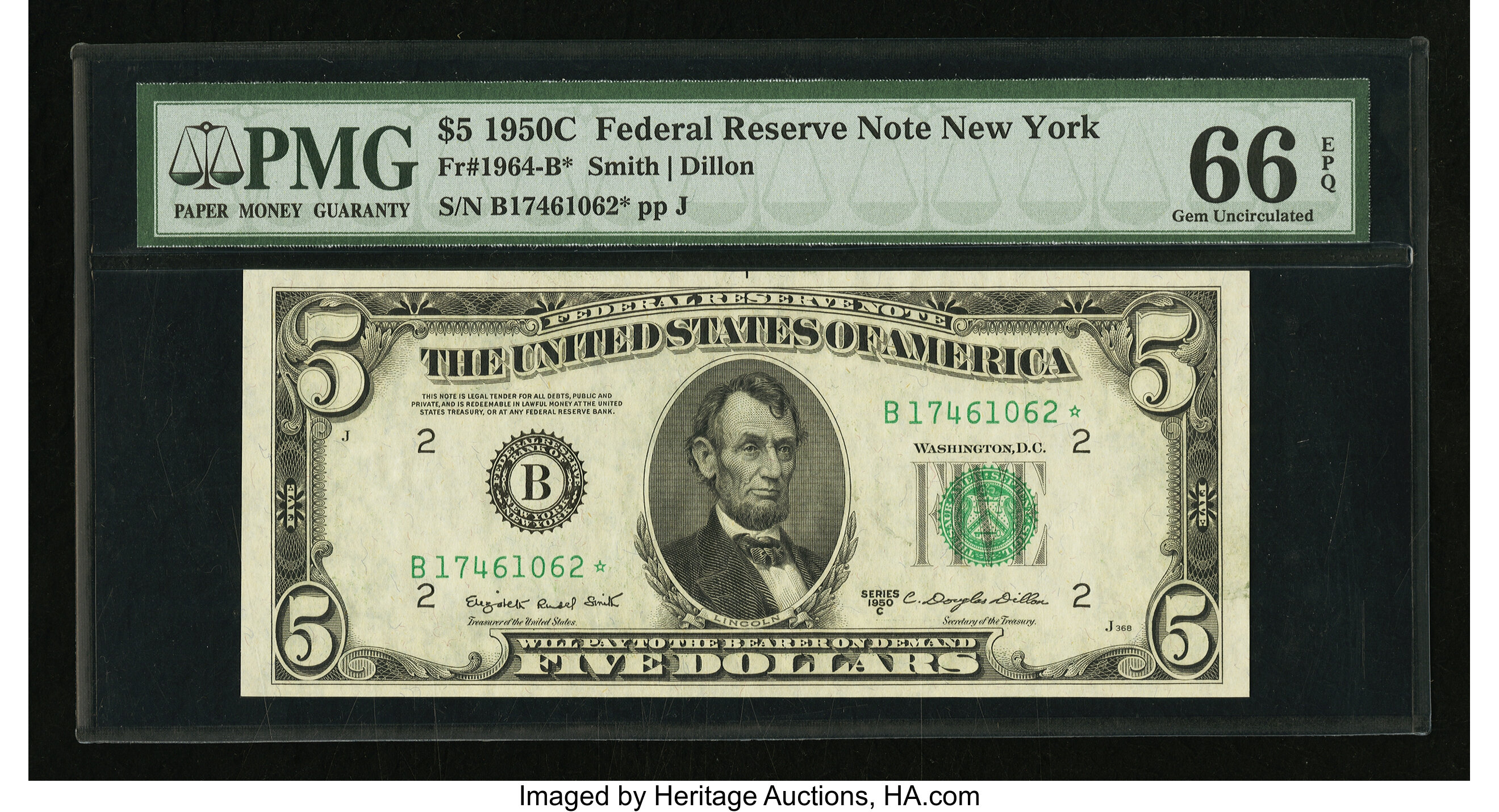 image for: Fr. 1964-B* $5 1950C Federal Reserve Star Note. PMG Gem Uncirculated 66 EPQ....