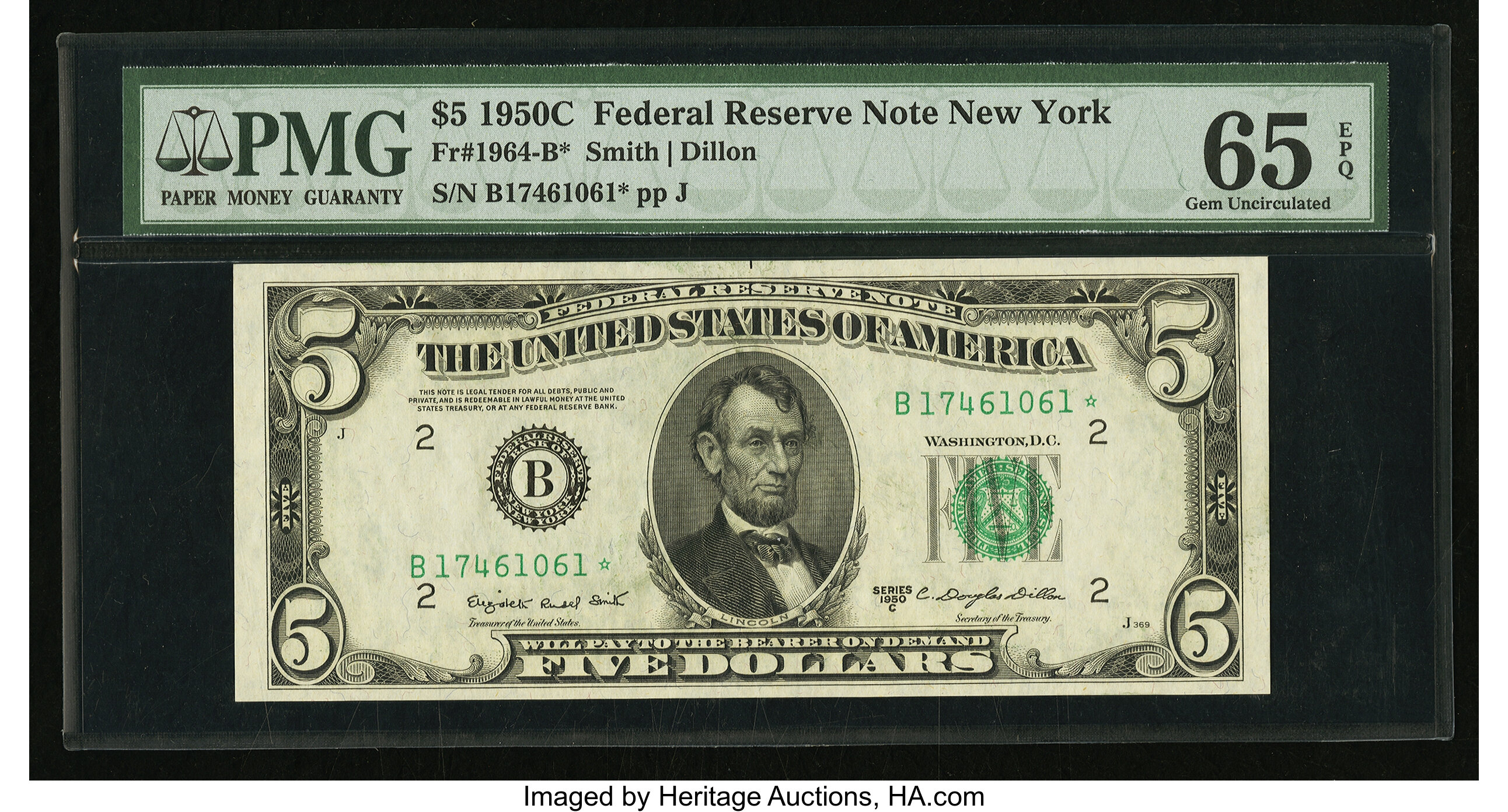 image for: Fr. 1964-B* $5 1950C Federal Reserve Star Note. PMG Gem Uncirculated 65 EPQ....