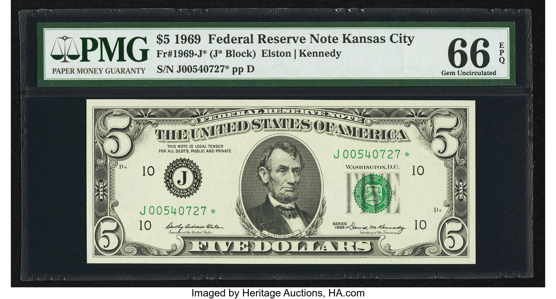 image for: Fr. 1969-J* $5 1969 Federal Reserve Star Note. PMG Gem Uncirculated 66 EPQ....