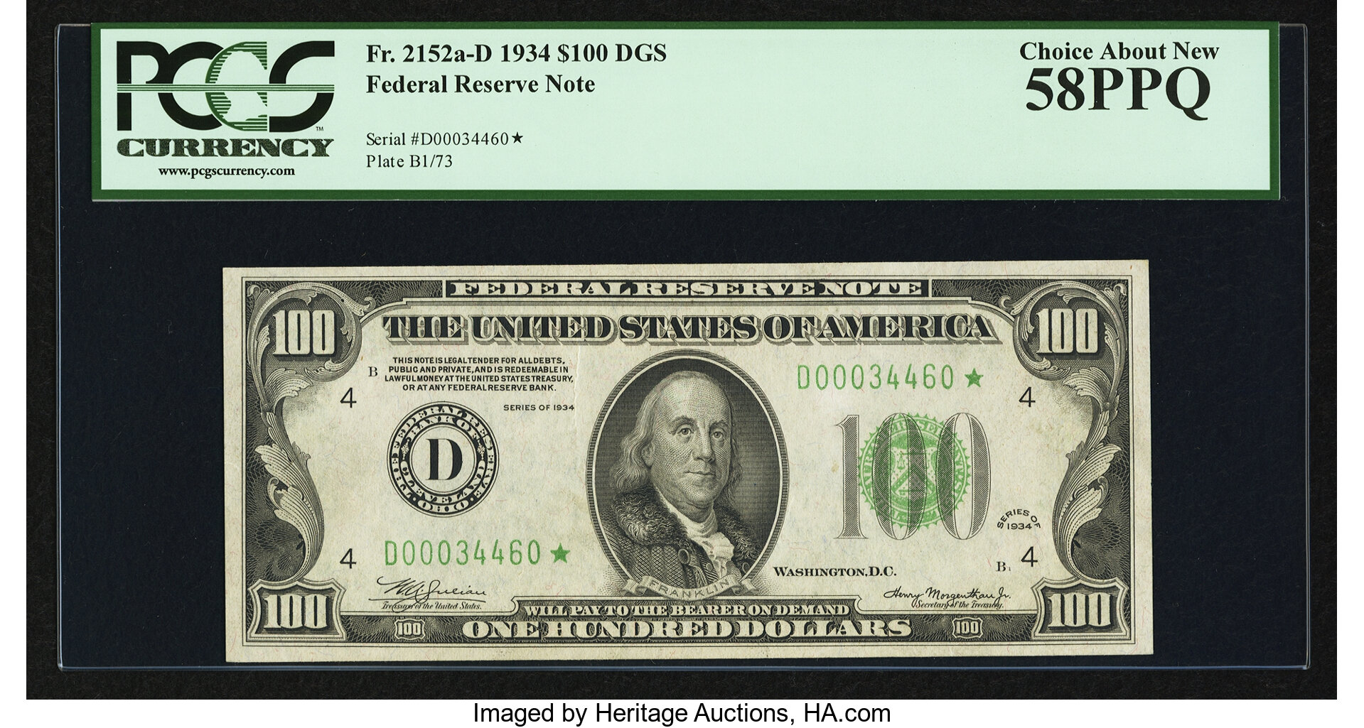 image for: Fr. 2152-D* $100 1934 Dark Green Seal Federal Reserve Star Note. PCGS Choice About New 58PPQ....