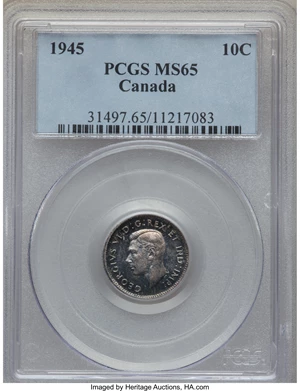 image for: George VI 10 Cents 1945 MS65 PCGS