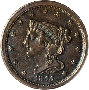 image for: 1855 Braided Hair Half Cent. C-1, the only known dies. Rarity-5 (as a Proof). Proof-62 BN (PCGS).