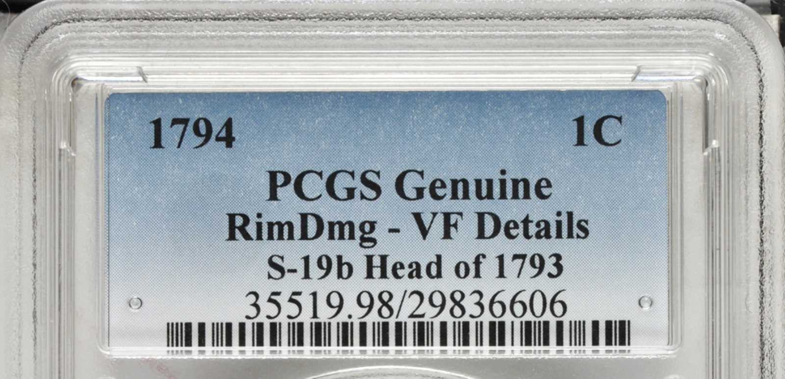 image for: 1794 Liberty Cap Cent. S-19B. Rarity-4+. Head of 1793. VF Details--Rim Damage (PCGS).