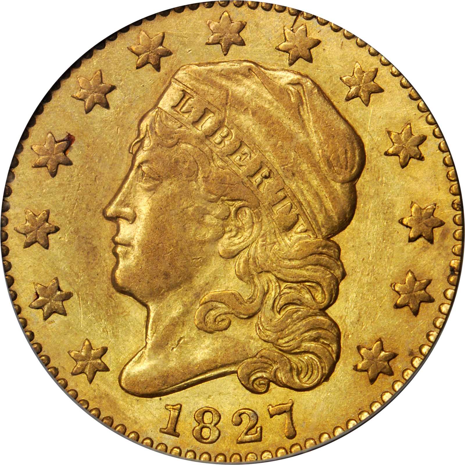 image for: 1827 Capped Head Left Quarter Eagle. BD-1, the only known dies. Rarity-5. AU-55 (PCGS).
