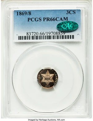 image for: 1869/8 3CS PR66 Cameo PCGS. CAC....