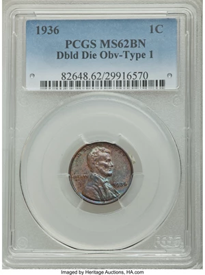 image for: 1936 1C Doubled Die Obverse Type One MS62 Brown PCGS. PCGS Population (1/3). NGC Census: (0/0). ...
