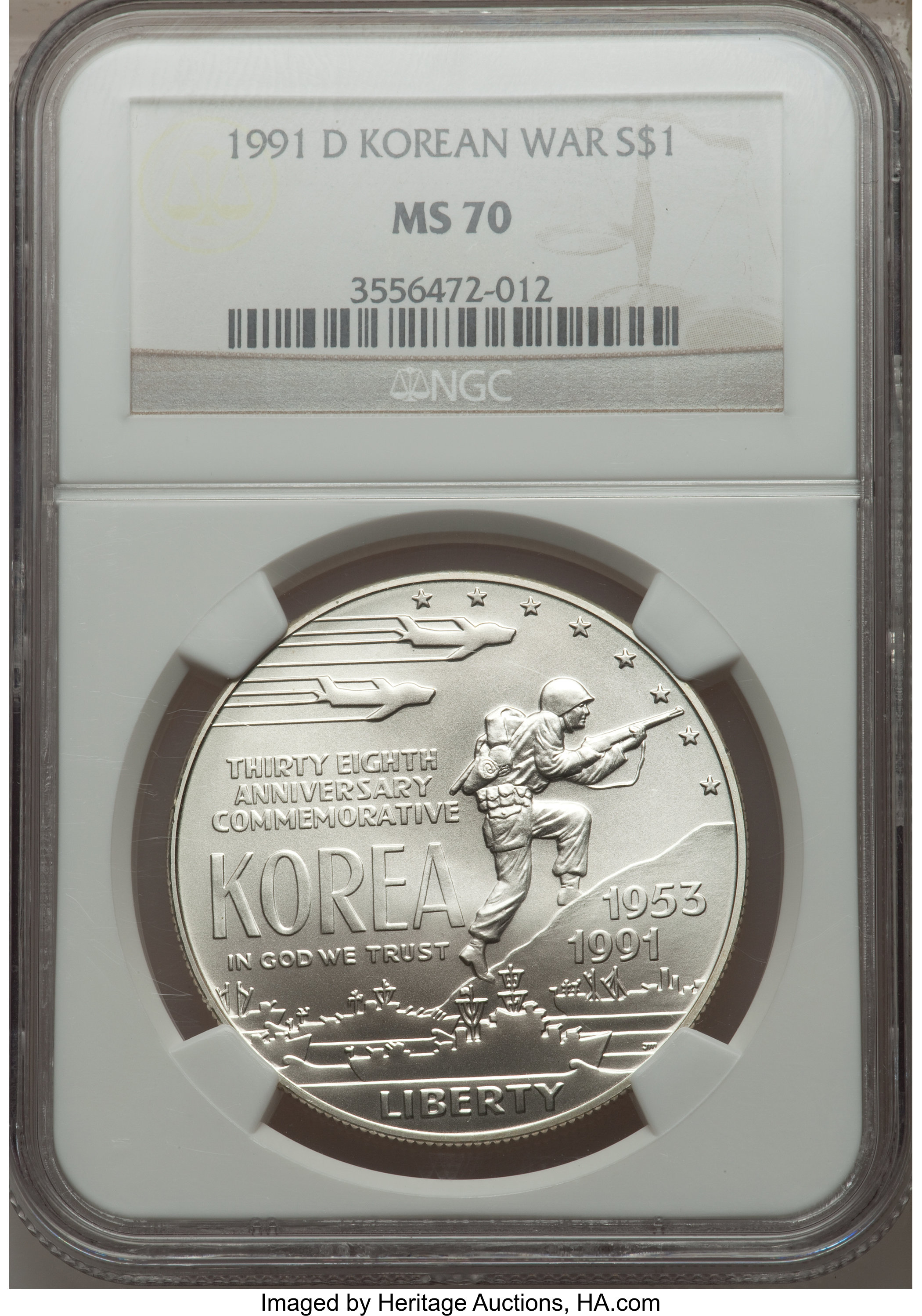 1991-D $1 Korean War Silver Dollar MS70 NGC. NGC Census: (291). PCGS Population (301). Mintage: 213,049. Numismedia Wsl. Pr...