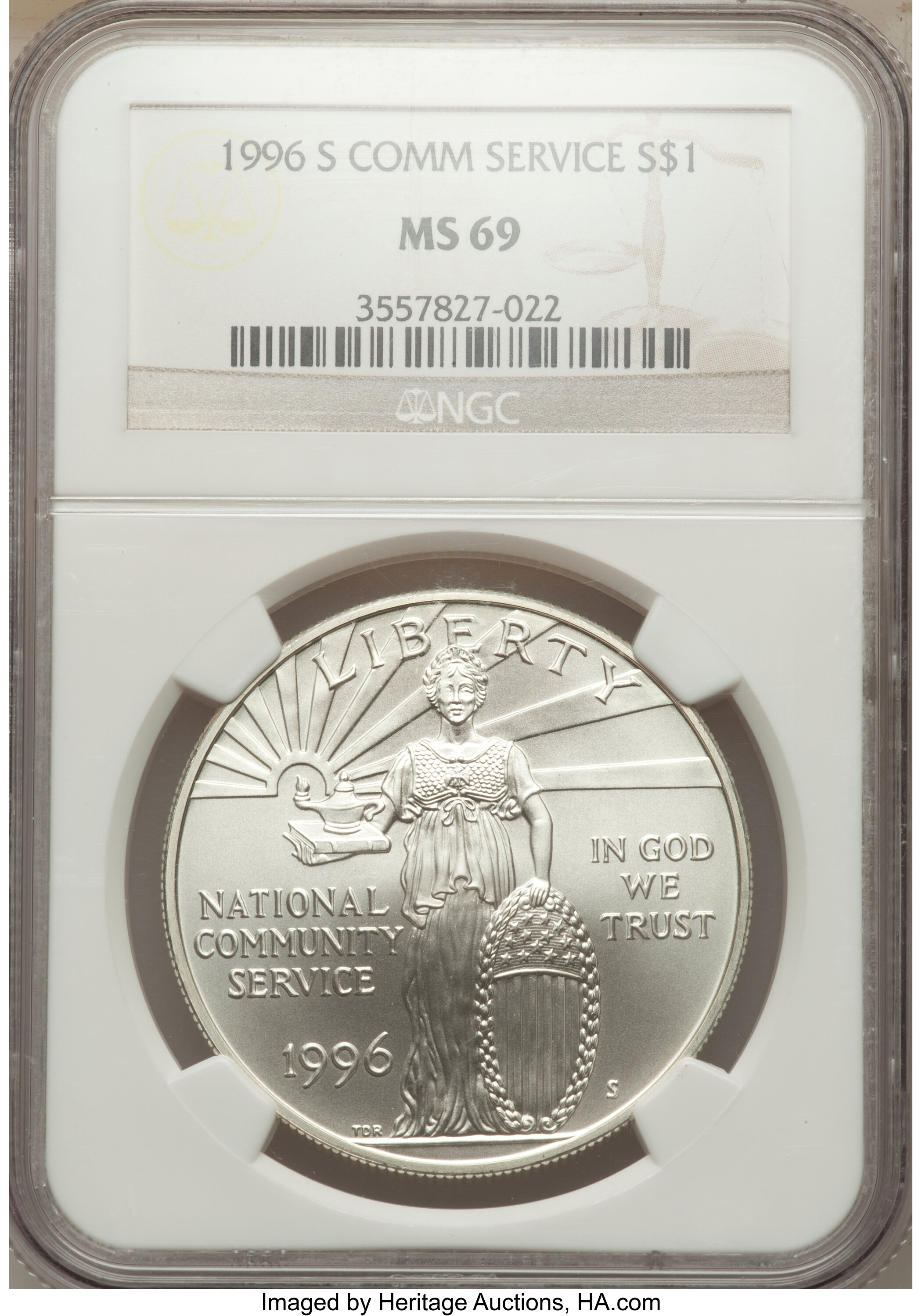 1996-S $1 Community Service Silver Dollar MS69 NGC. NGC Census: (724/268). PCGS Population (1158/121). Mintage: 23,500. Num...