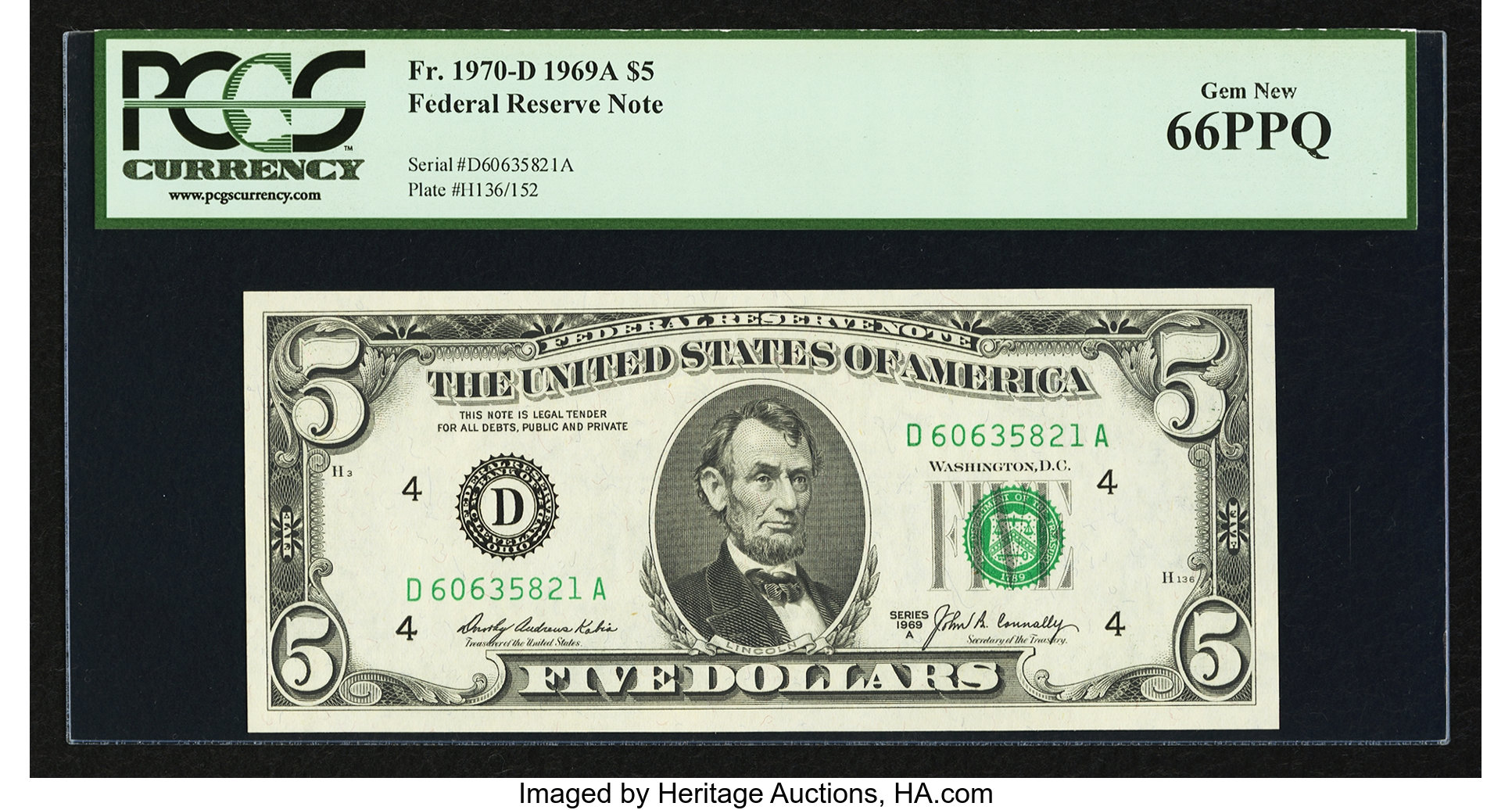 image for: Tied for Top Pop Fr. 1970-D $5 1969A Federal Reserve Note. PCGS Gem New 66PPQ....