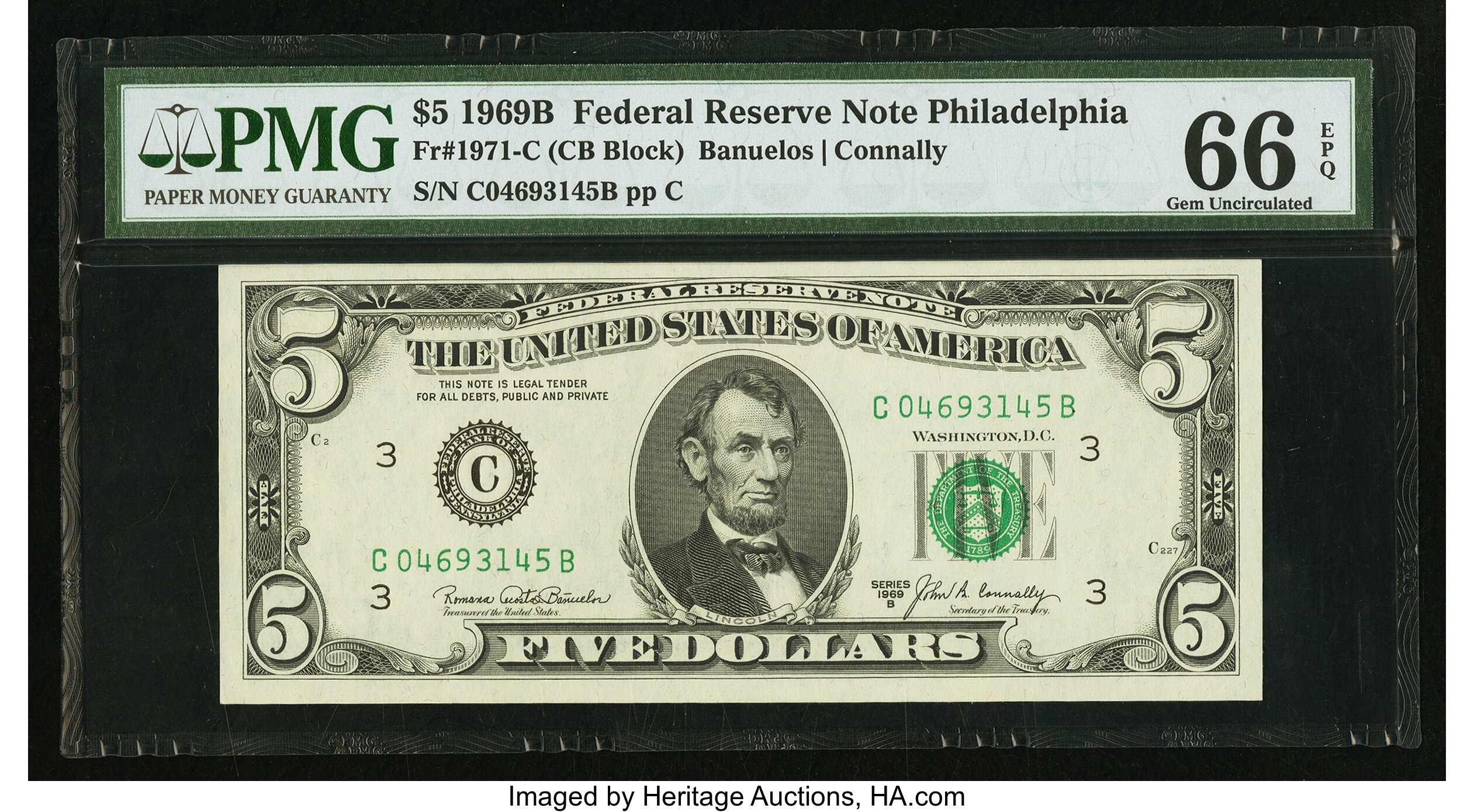 image for: Fr. 1971-C $5 1969B Federal Reserve Note. PMG Gem Uncirculated 66 EPQ....