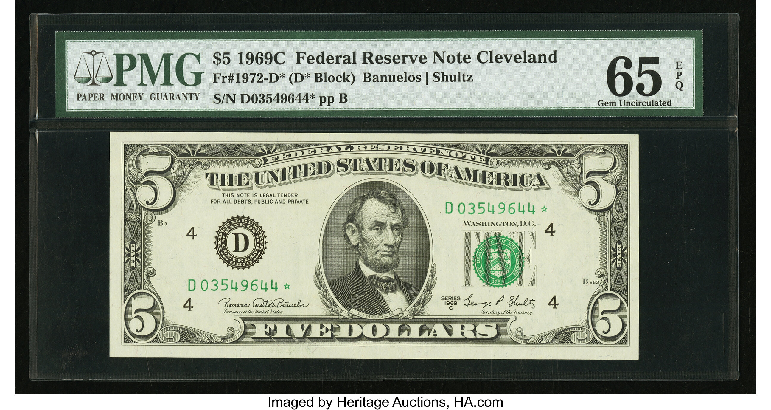 image for: Fr. 1972-D* $5 1969C Federal Reserve Star Note. PMG Gem Uncirculated 65 EPQ....