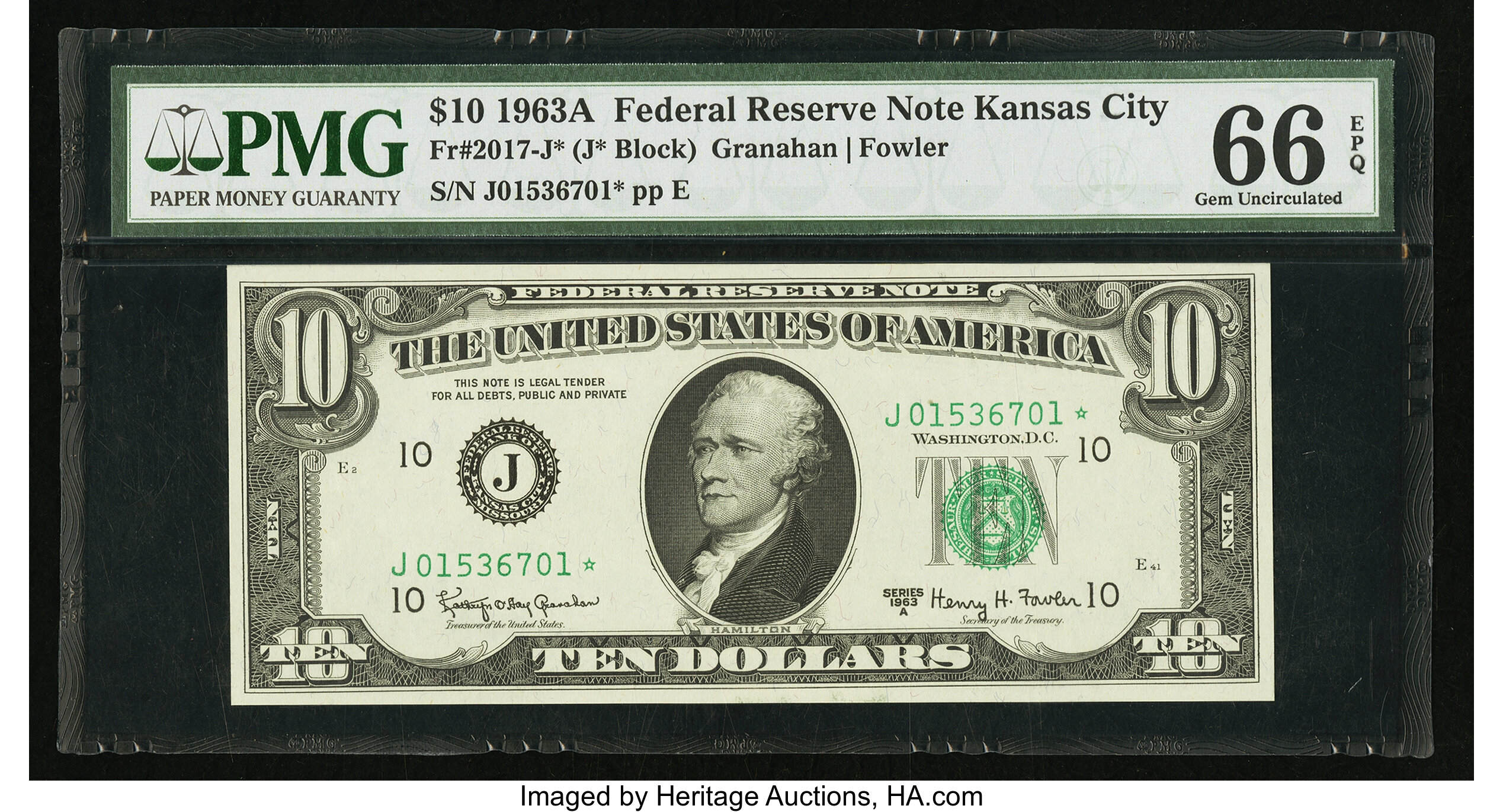 image for: Fr. 2017-J* $10 1963A Federal Reserve Star Note. PMG Gem Uncirculated 66 EPQ....