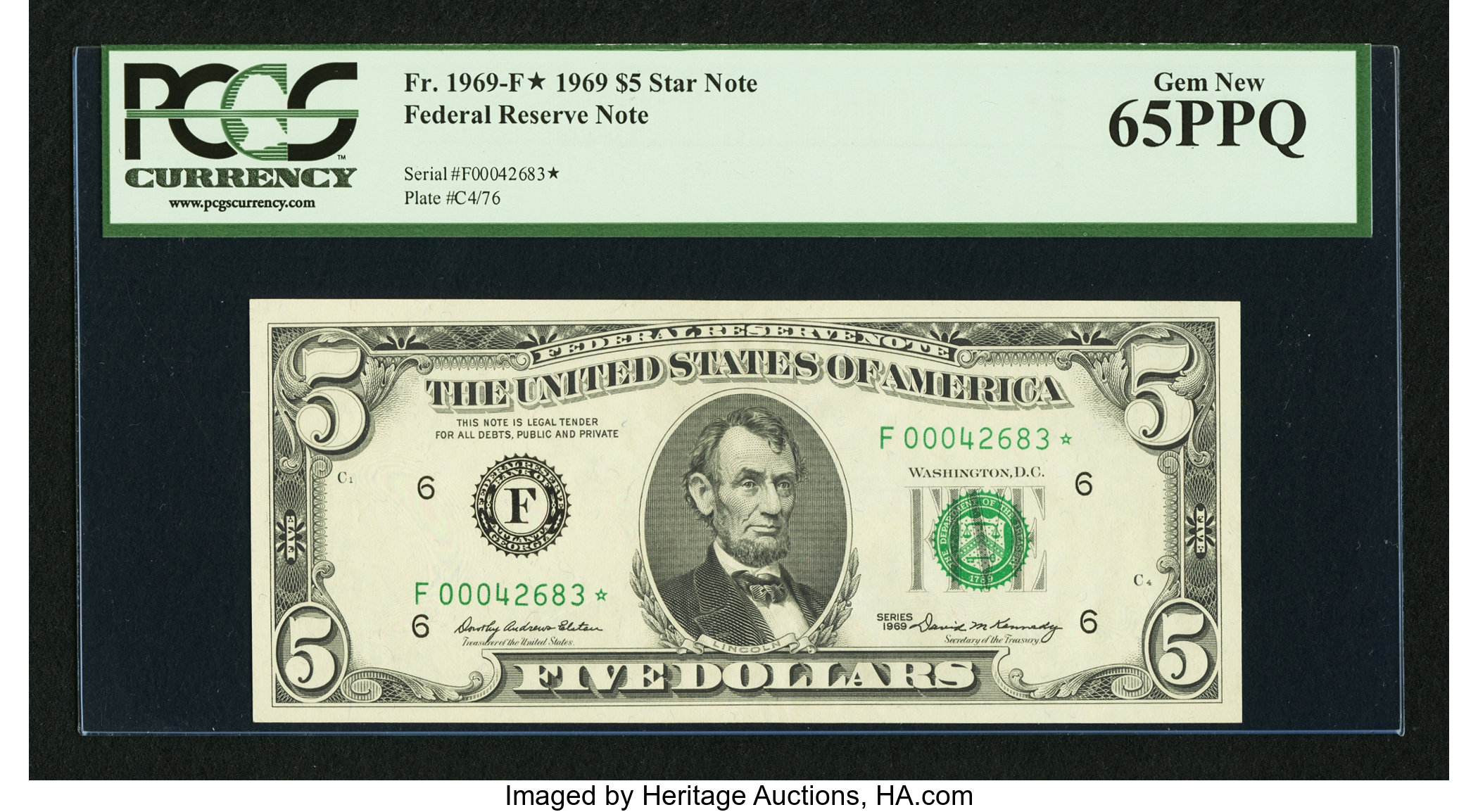 image for: Fr. 1969-F* $5 1969 Federal Reserve Star Note. PCGS Gem New 65PPQ....