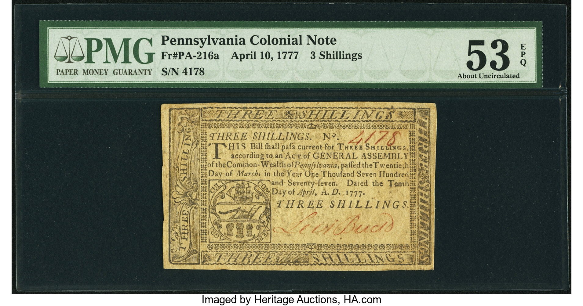 image for: Pennsylvania April 10, 1777 3s PMG About Uncirculated 53 EPQ....