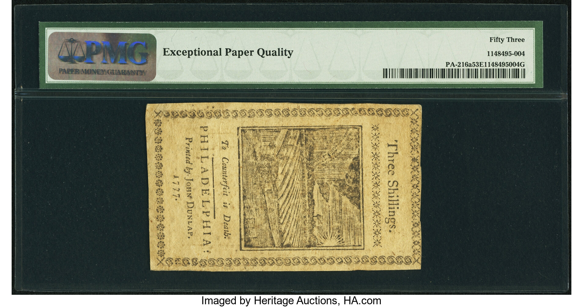 image for: Pennsylvania April 10, 1777 3s PMG About Uncirculated 53 EPQ....
