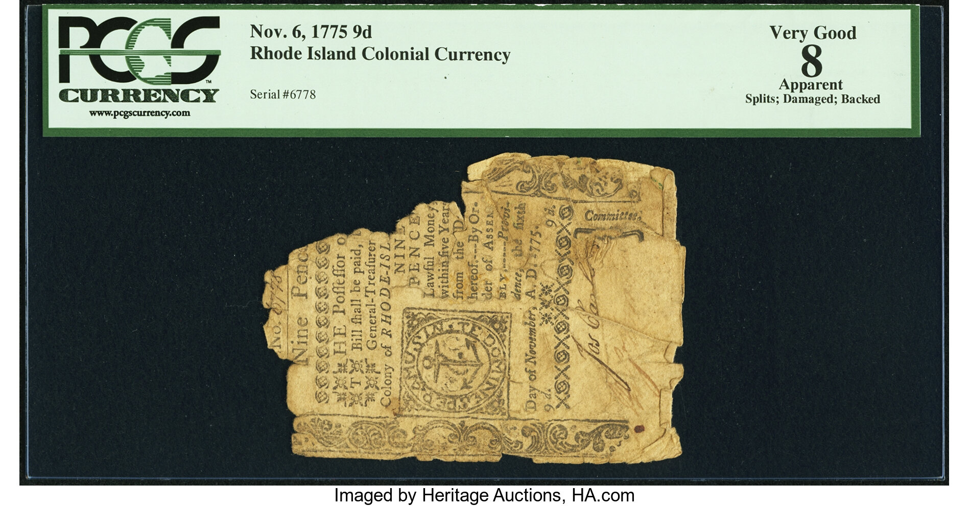 image for: Rhode Island November 6, 1775 9d PCGS Apparent Very Good 08....