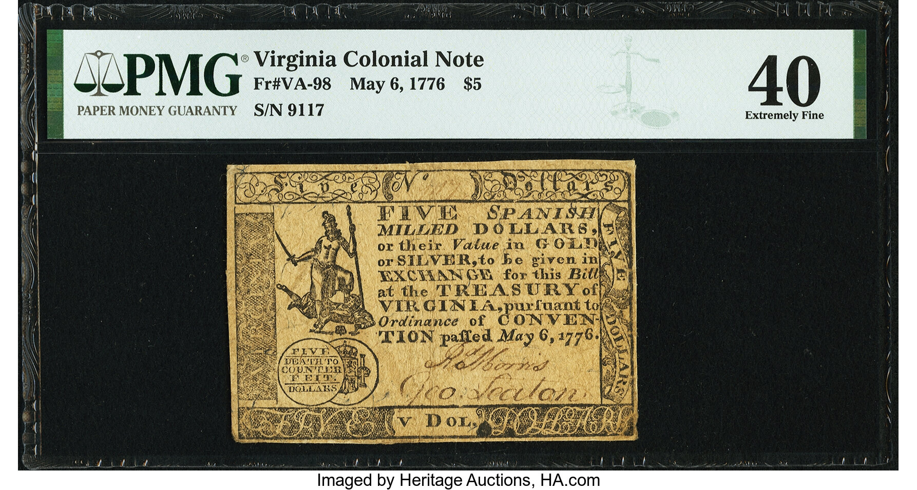 image for: Virginia May 6, 1776 $5 PMG Extremely Fine 40....