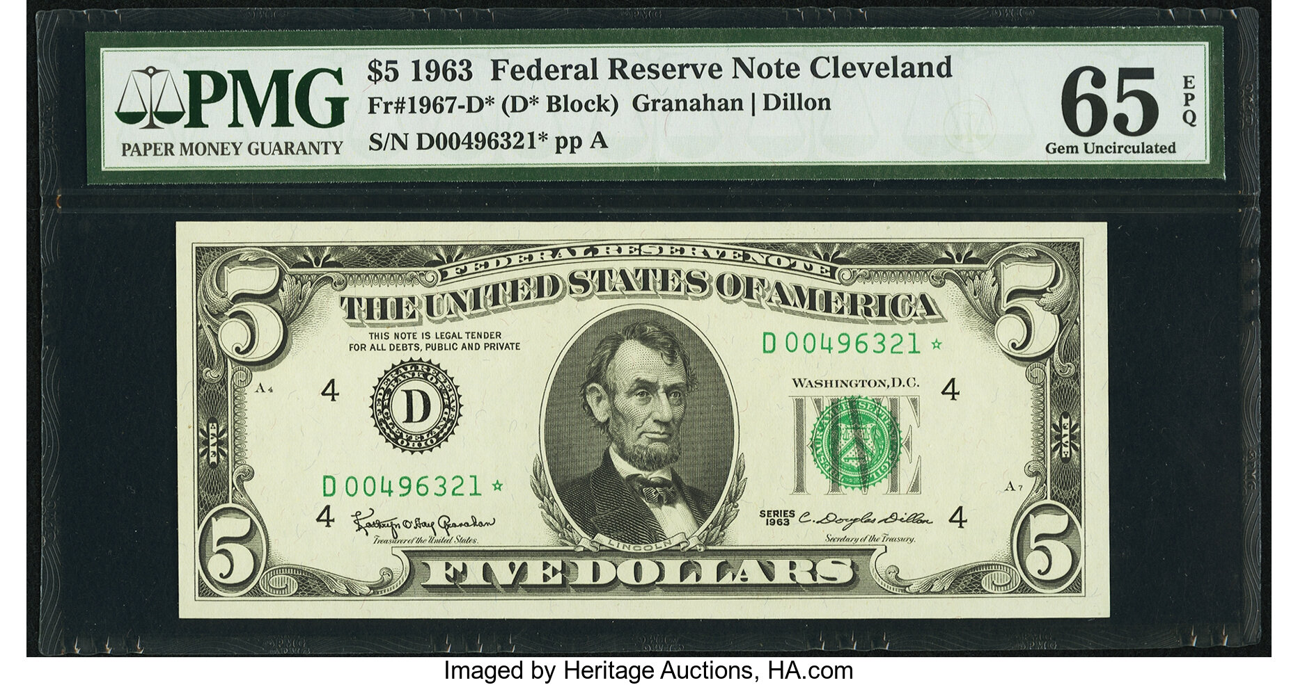 image for: Fr. 1967-D* $5 1963 Federal Reserve Note. PMG Gem Uncirculated 65 EPQ....