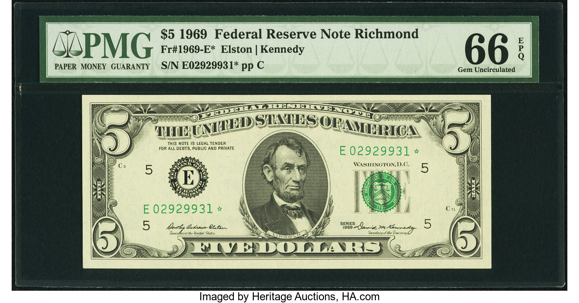 image for: Fr. 1969-E* $5 1969 Federal Reserve Note. PMG Gem Uncirculated 66 EPQ....