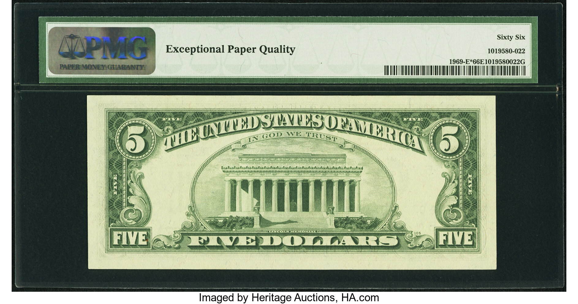 image for: Fr. 1969-E* $5 1969 Federal Reserve Note. PMG Gem Uncirculated 66 EPQ....