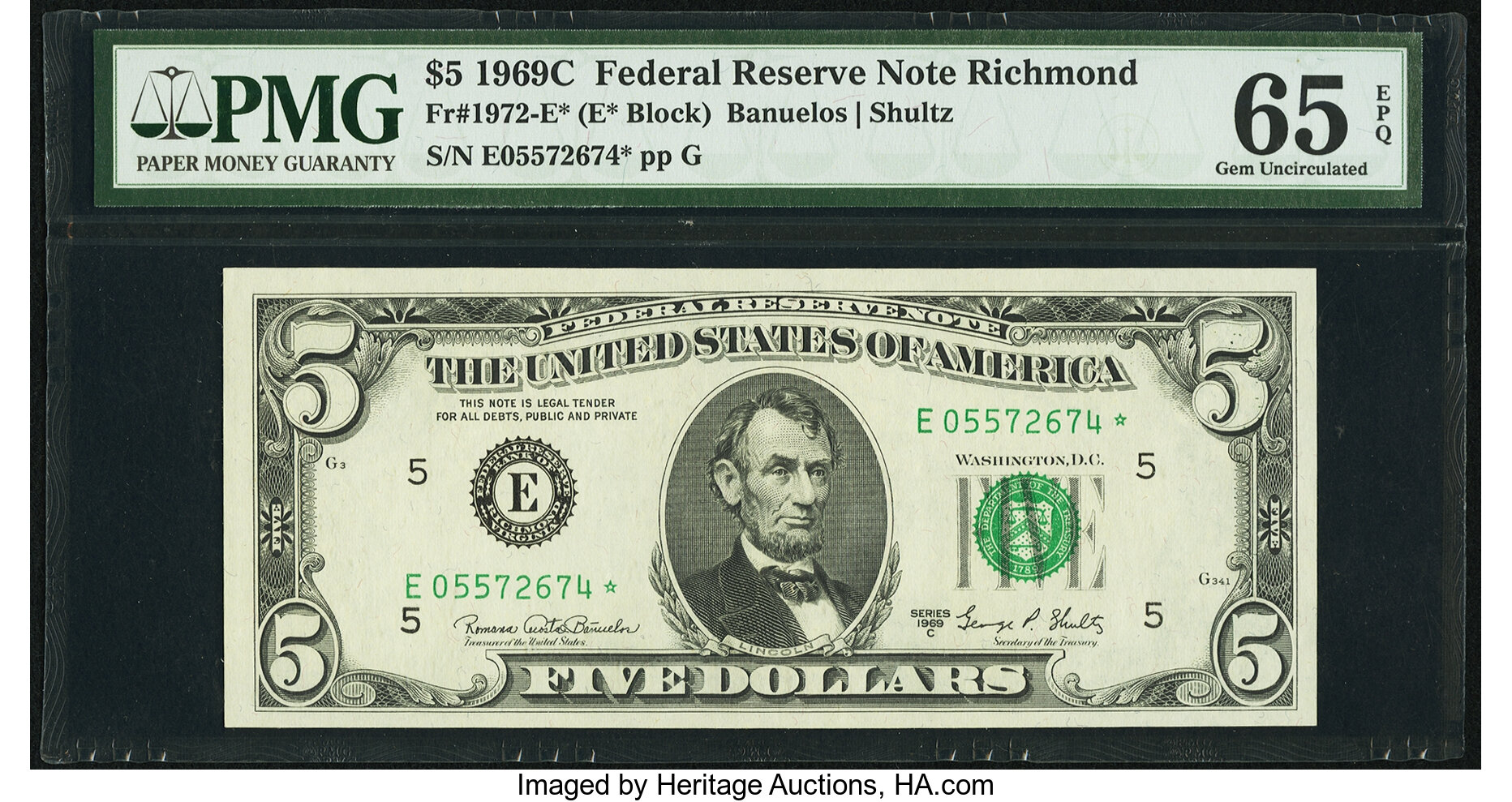 image for: Fr. 1972-E* $5 1969C Federal Reserve Note. PMG Gem Uncirculated 65 EPQ....