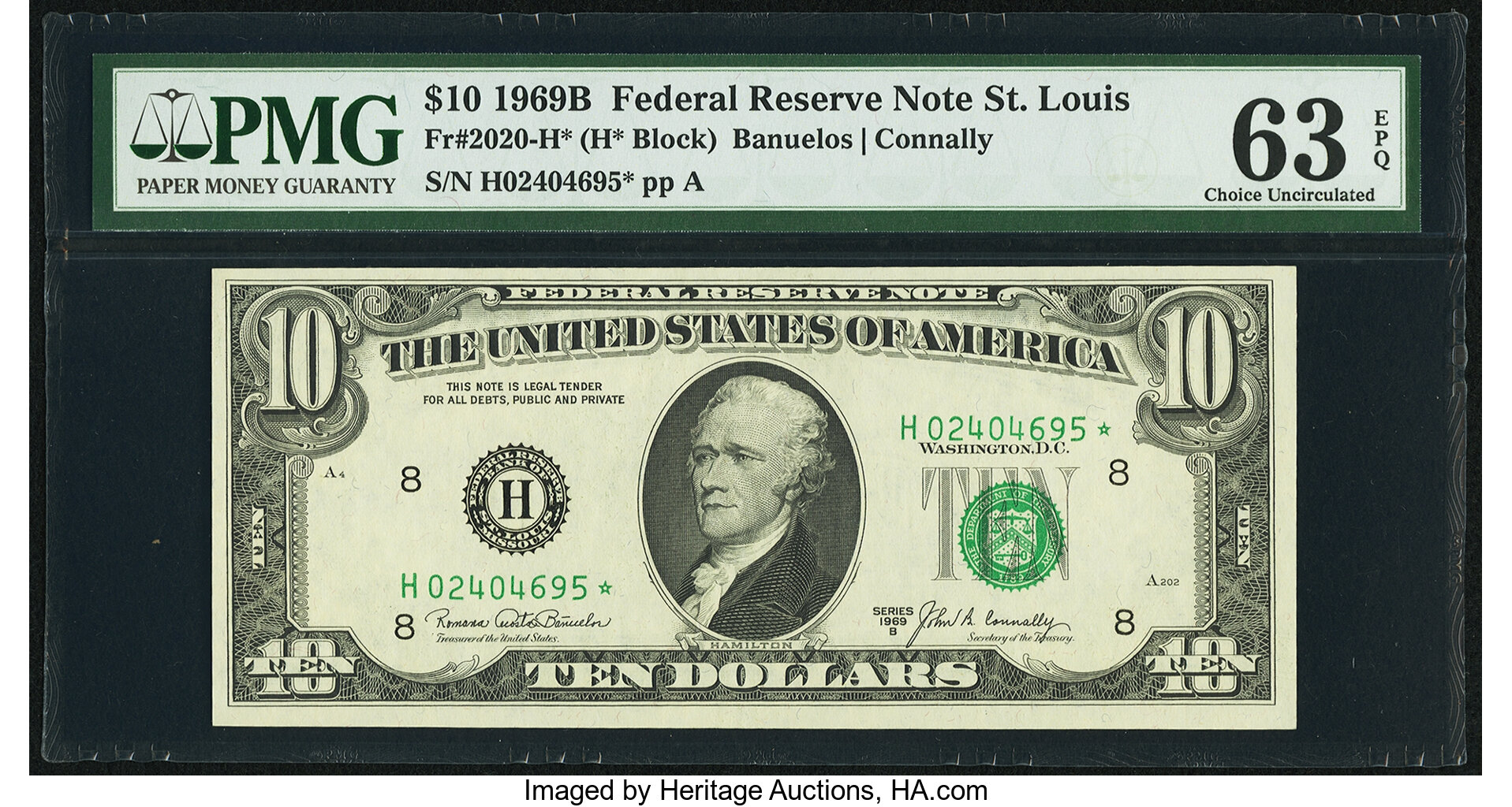 image for: Fr. 2020-H* $10 1969B Federal Reserve Note. PMG Choice Uncirculated 63 EPQ....