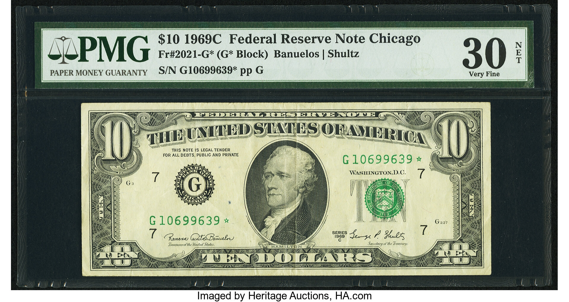 image for: Fr. 2021-G* $10 1969C Federal Reserve Note. PMG Very Fine 30 Net....