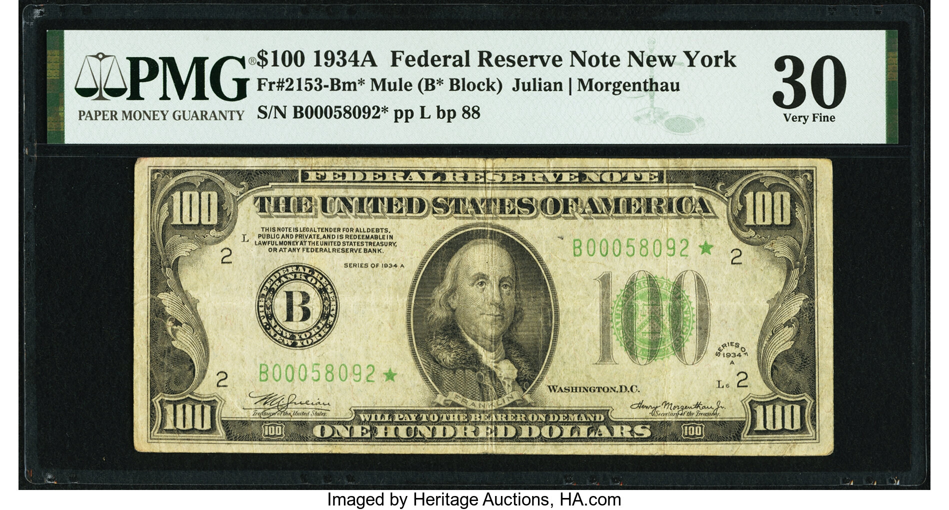 image for: Fr. 2153-B* $100 1934A Mule Federal Reserve Note. PMG Very Fine 30....