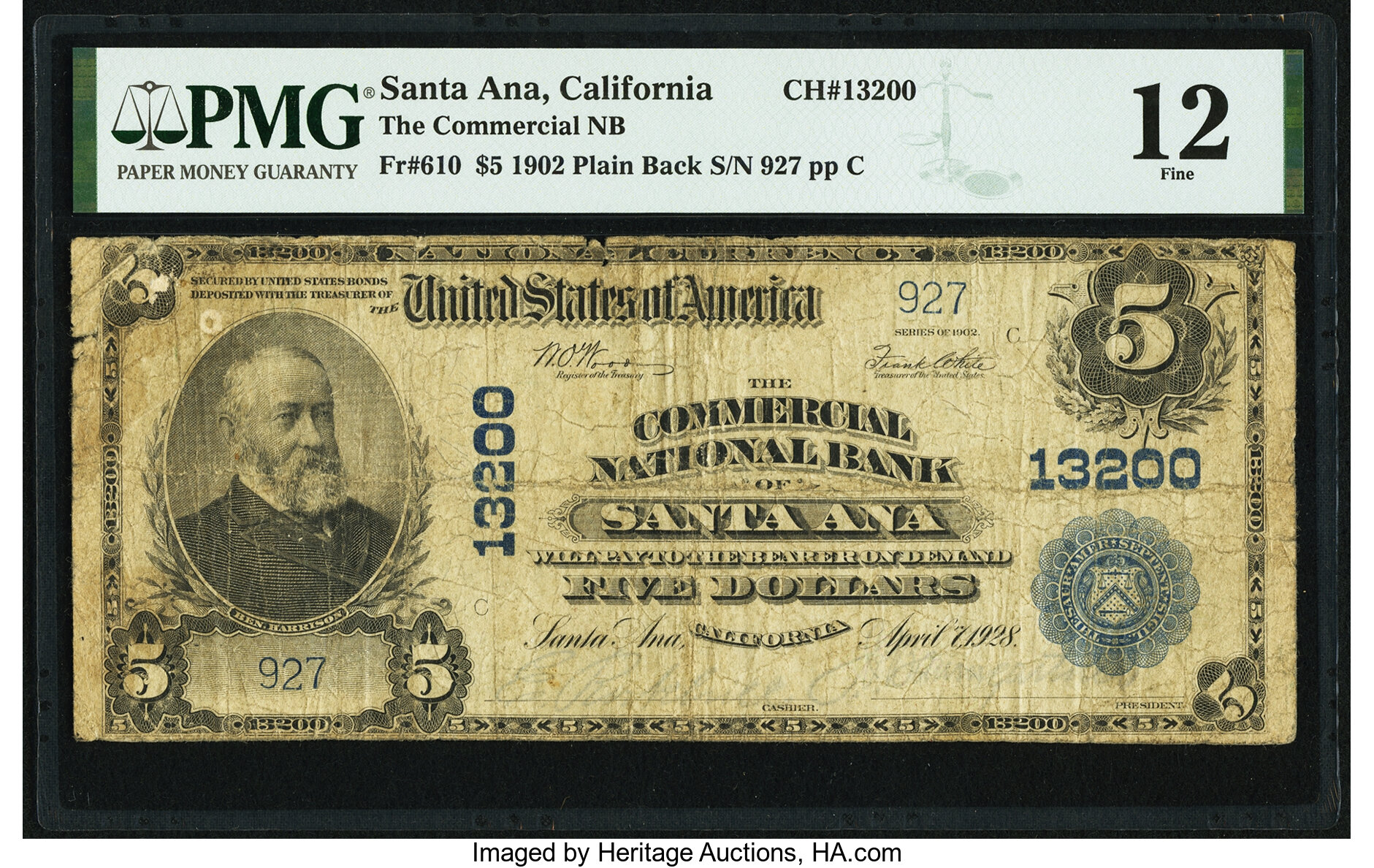 image for: Santa Ana, CA - $5 1902 Plain Back Fr. 610 The Commercial National Bank Ch. # 13200 PMG Fine 12....