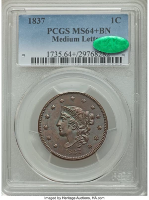 image for: 1837 1C Plain Cords, Medium Letters, N-7, N-8, R.1, MS64+ Brown PCGS. CAC....
