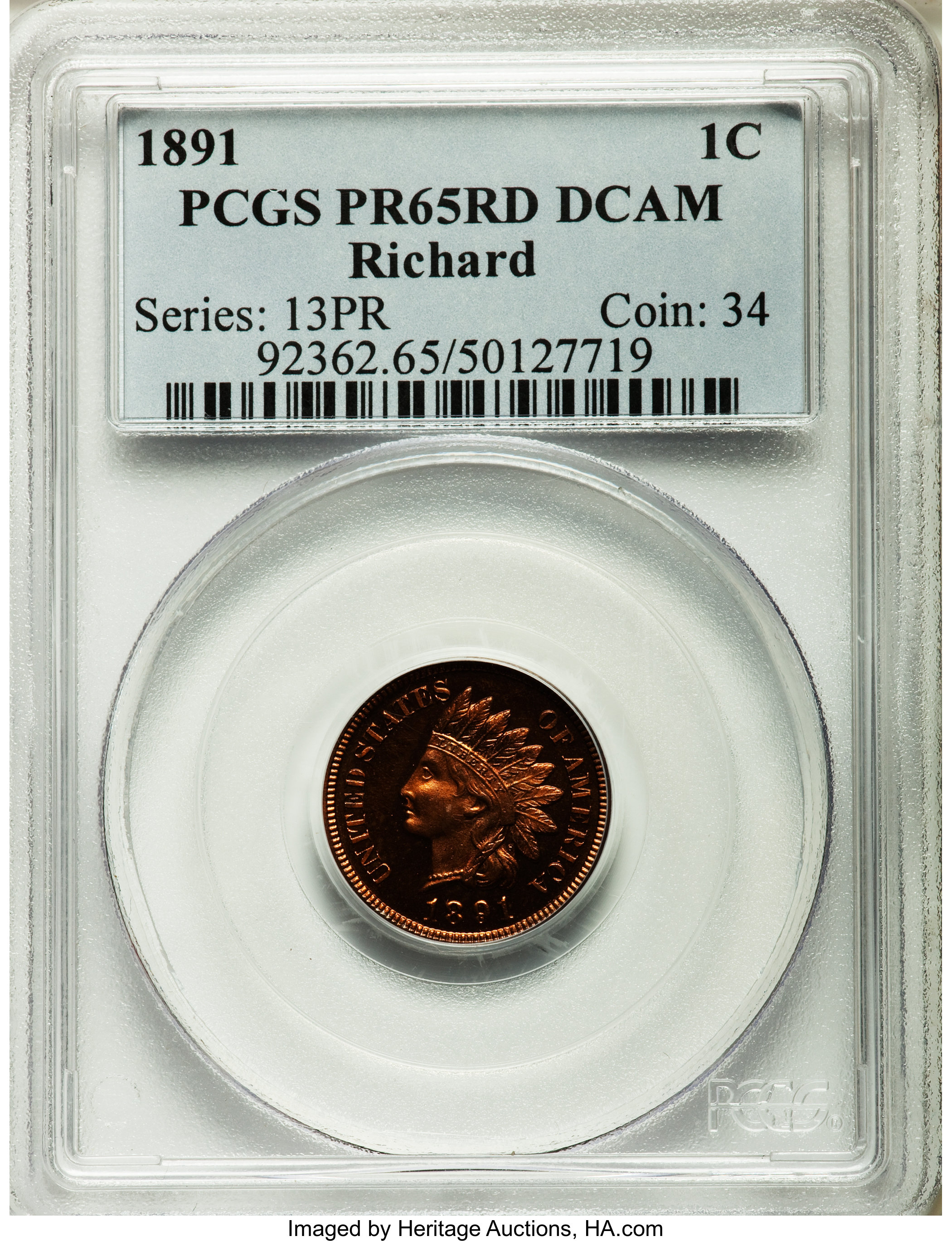 image for: 1891 1C PR65 Red Deep Cameo PCGS....