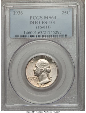 image for: 1936 25C Doubled Die Obverse, FS-101, MS63 PCGS. (FS-011). PCGS Population (0/0). NGC Census: (0/0). Mintage: 41,303,836....