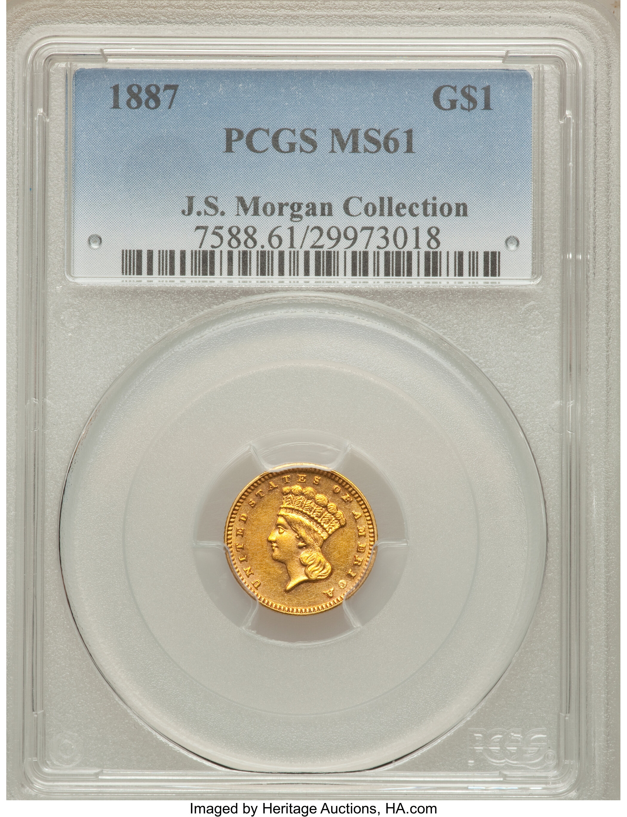 1887 G$1 MS61 PCGS. PCGS Population (39/515). NGC Census: (30/396). Mintage: 7,500. Numismedia Wsl. Price for problem free ...