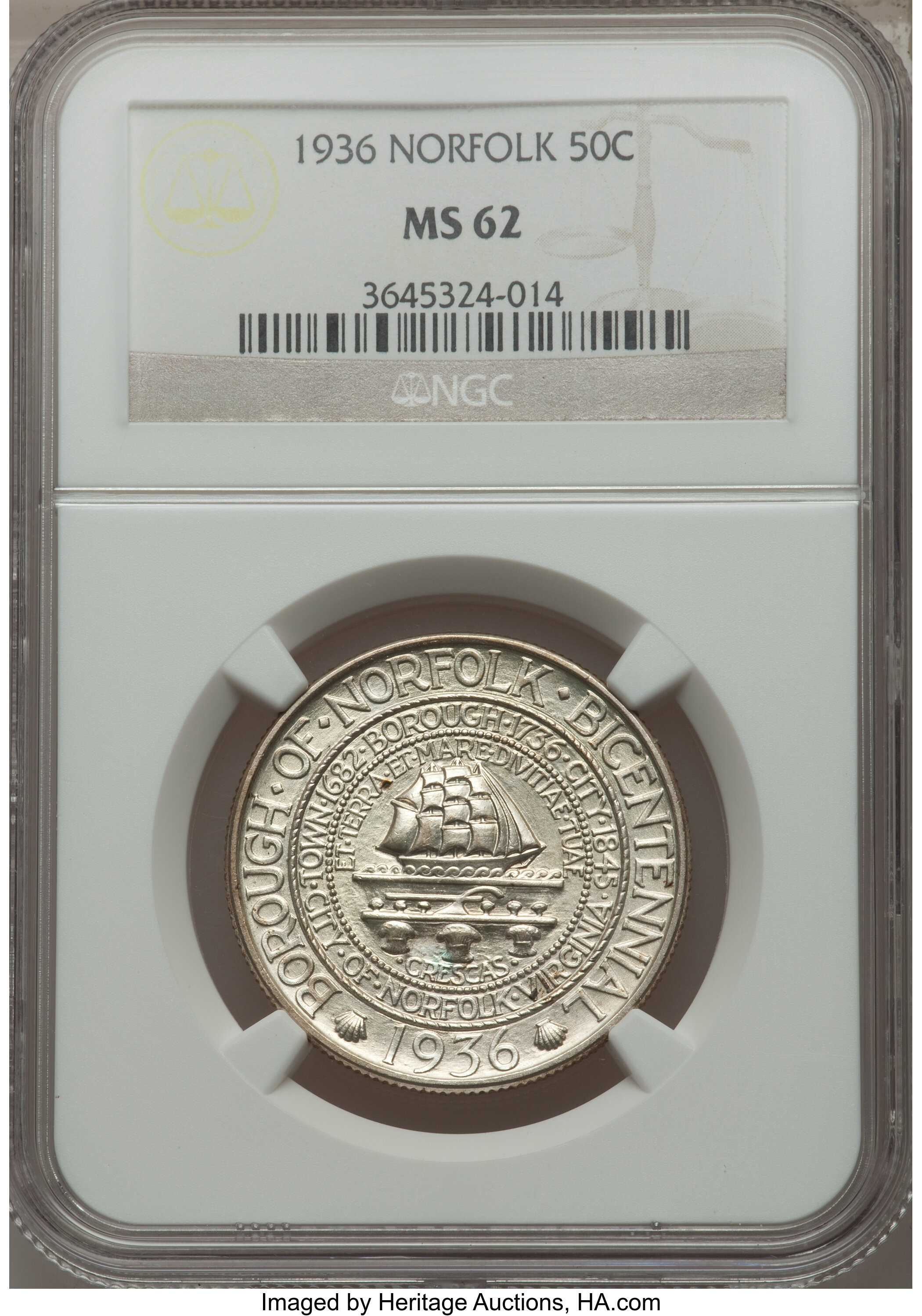 1936 50C Norfolk MS62 NGC. NGC Census: (5/2652). PCGS Population (30/4803). Mintage: 16,936. Numismedia Wsl. Price for prob...