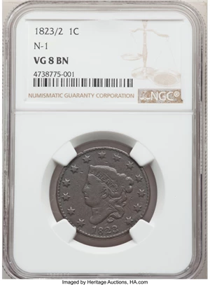image for: 1823/2 1C N-1, R.2, VG8 NGC. NGC Census: (12/71). PCGS Population: (3/18). VG8 . Mintage 1,262,000. ...