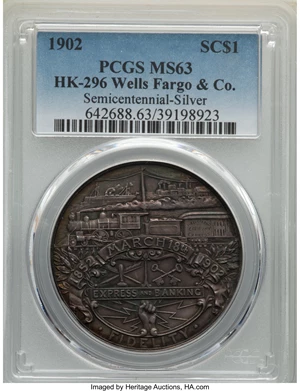 image for: 1902 Medal Wells Fargo & Co. Semicentennial, Silver, HK-296, R.5, MS63 PCGS. PCGS Population: (5/17). NGC Census: (31/64)....