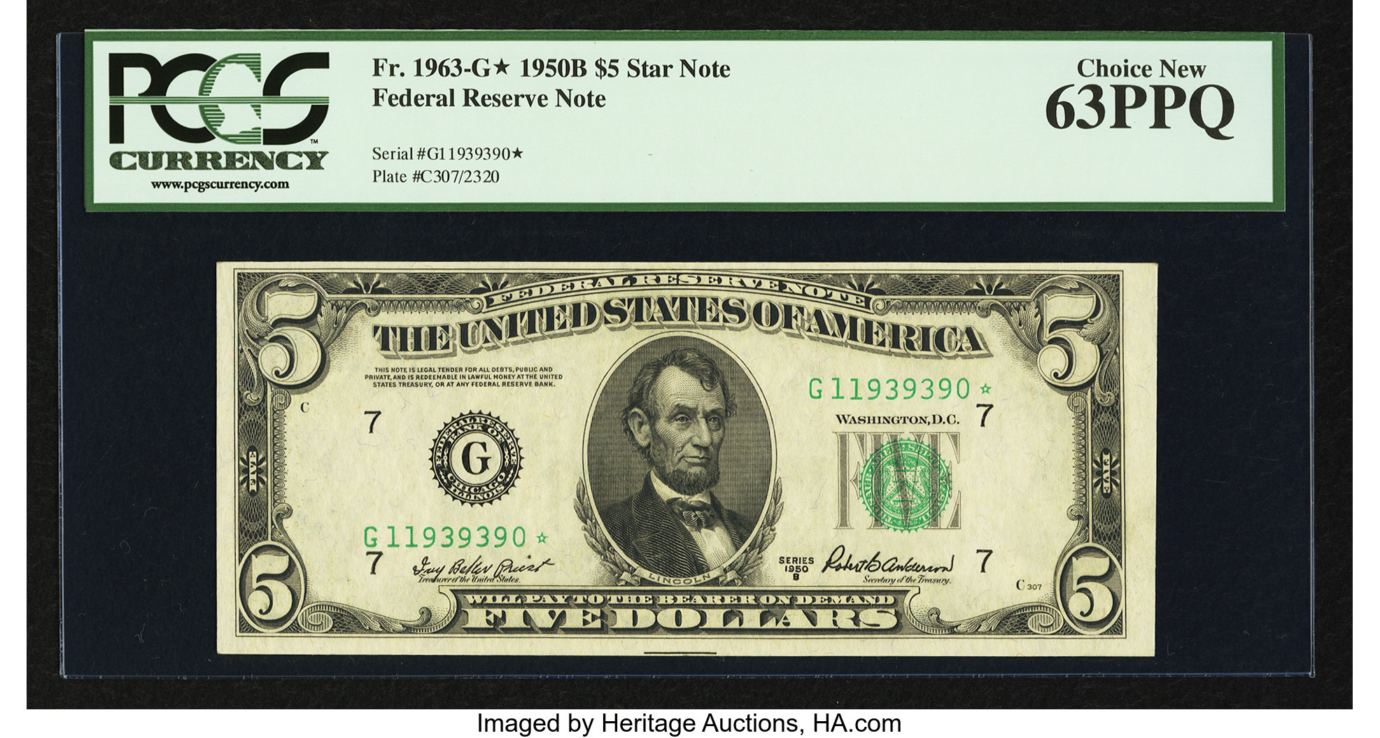 image for: Fr. 1963-G* $5 1950B Federal Reserve Star Note. PCGS Choice New 63PPQ....