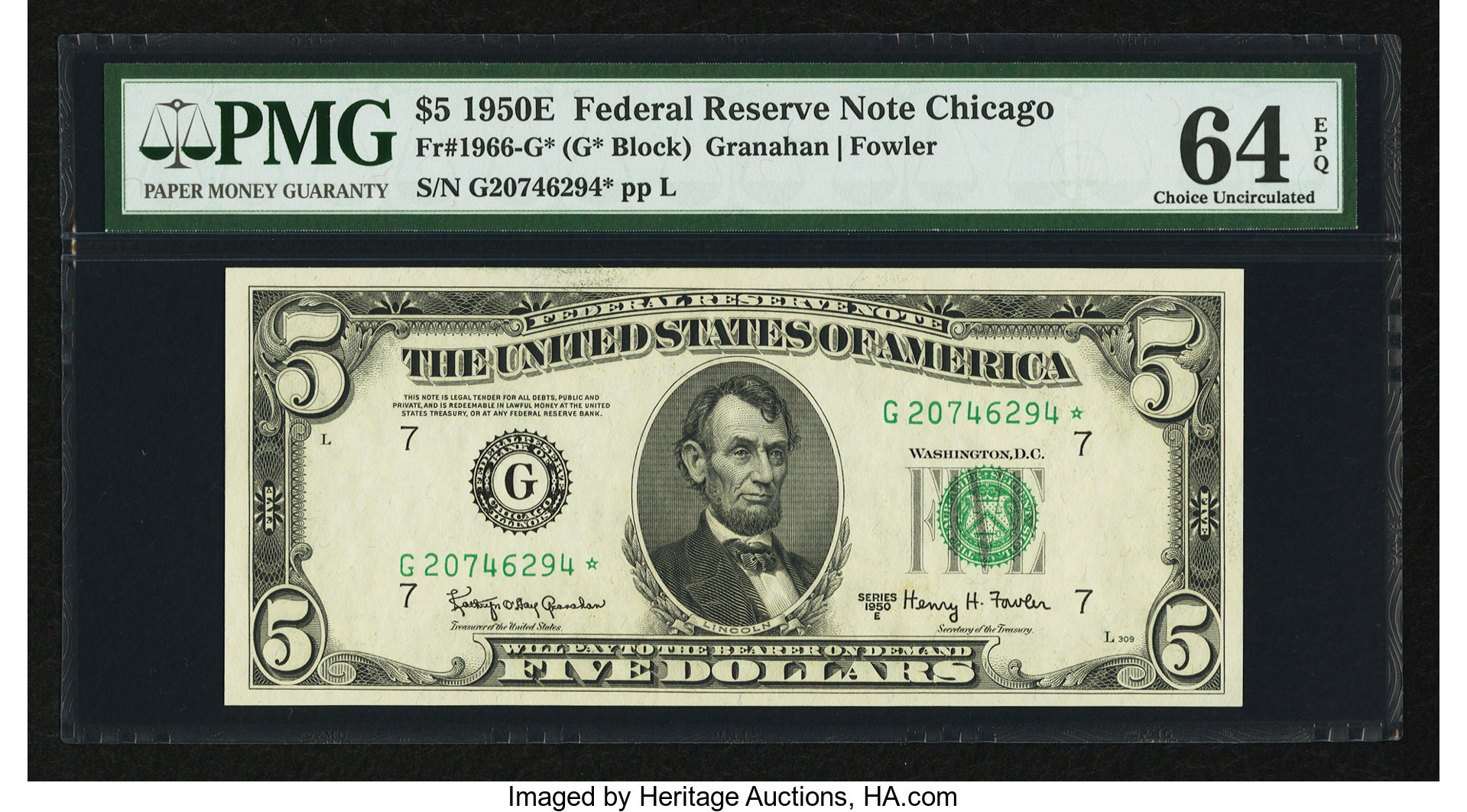 image for: Fr. 1966-G* $5 1950E Federal Reserve Star Note. PMG Choice Uncirculated 64 EPQ....